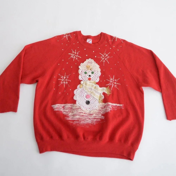 Vintage Jerzees Red Snowman Lace & Buttons &  Snowflakes Crewneck Sweater 2X - Picture 1 of 14